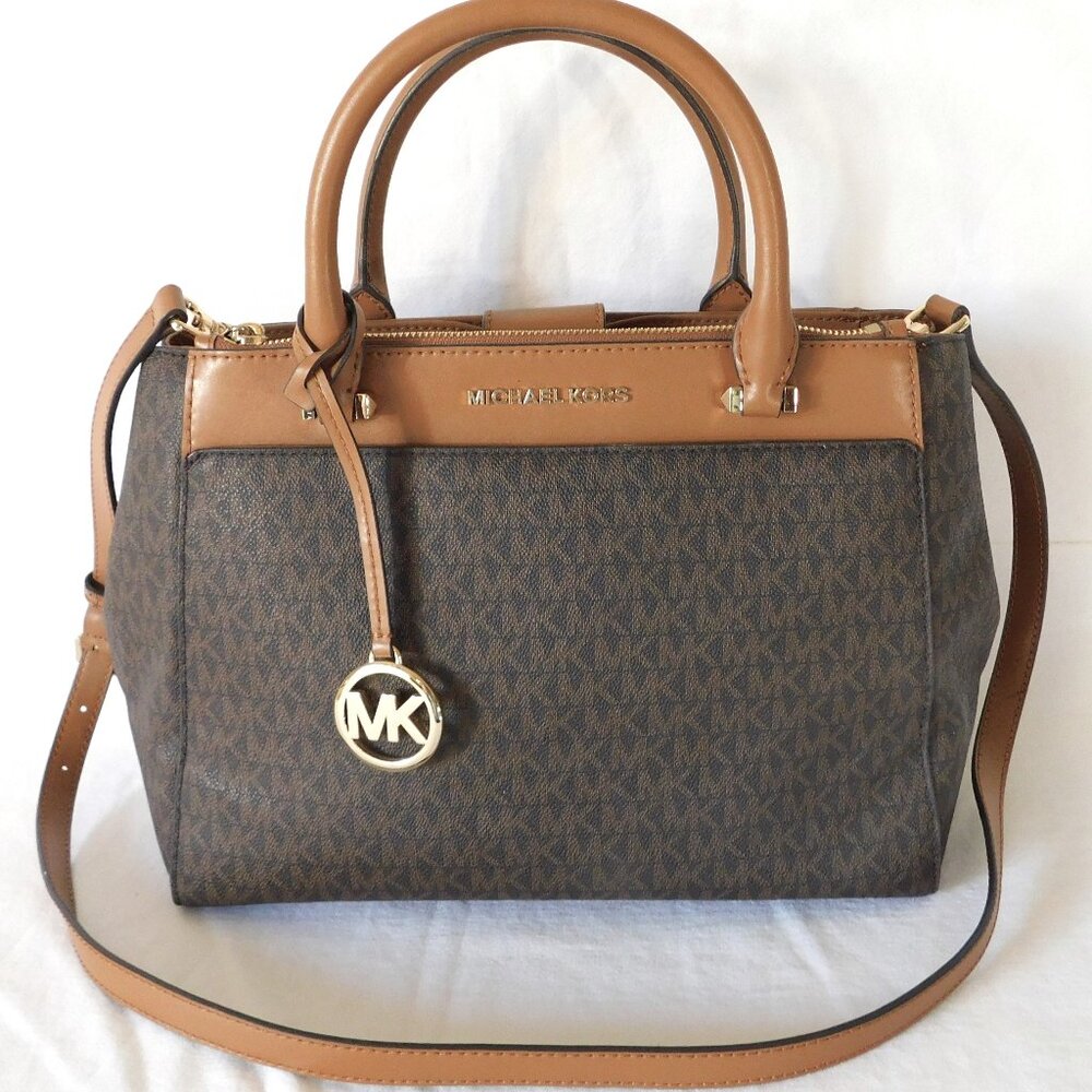 Medium Michael Kors Signature Brown & Camel Leather Tote Handbag Purse